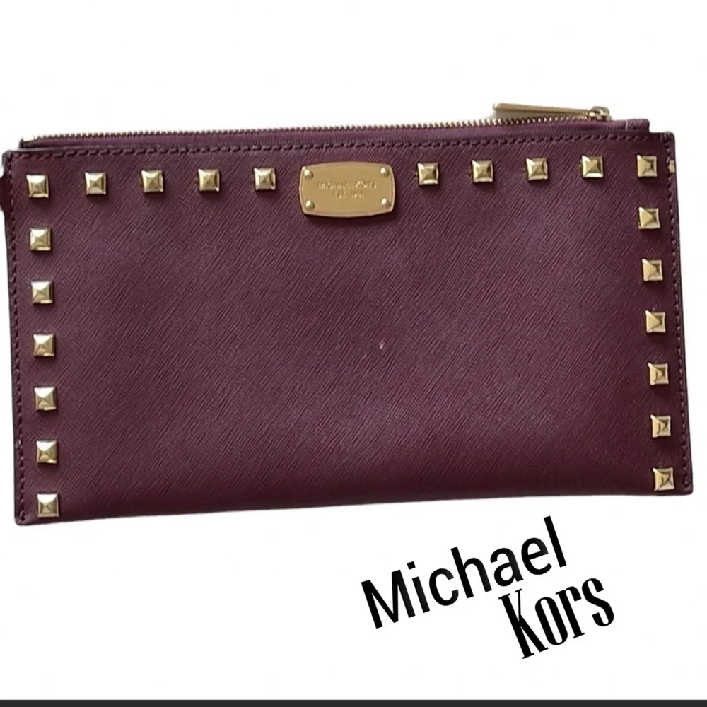 Michael Kors cherry Saffino Leather stud gold pyramid wristlet NWOT